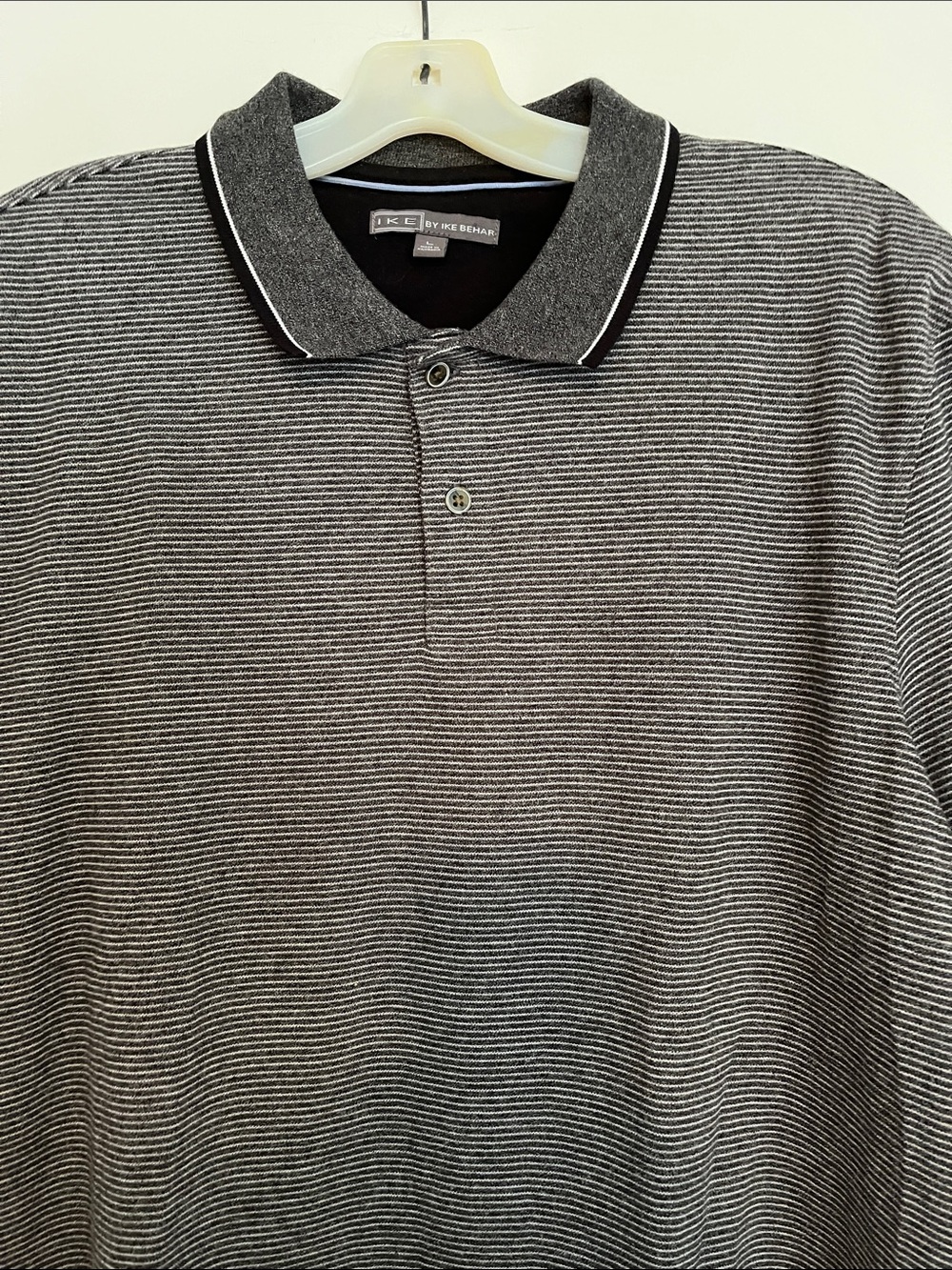 Ike Behar Black and White Micro-Striped Polo L